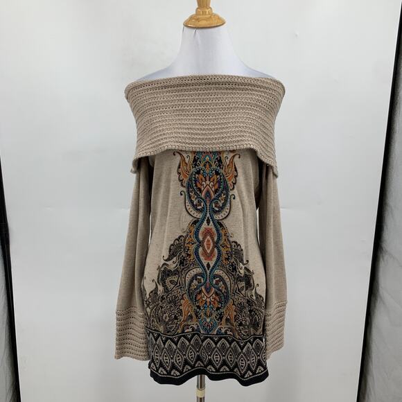 Cache Sweater Womens M Medium Multi Off The Shoulder Wool Blend Boho Print - Picture 2 of 8